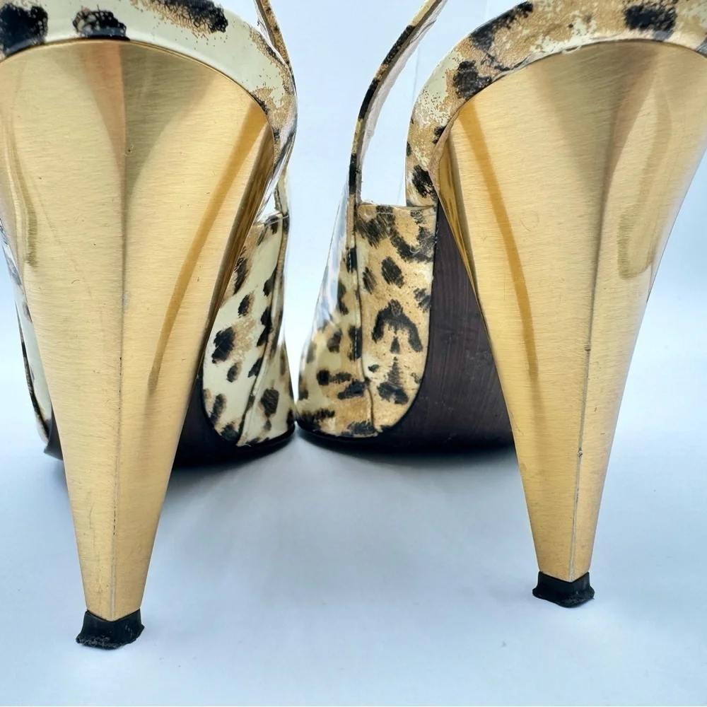 STUART WEITZMAN GOLD ANIMAL PRINTS SLING BACK HEELS OPEN TOE SHOE PATENT LEATHER - Picture 7 of 15